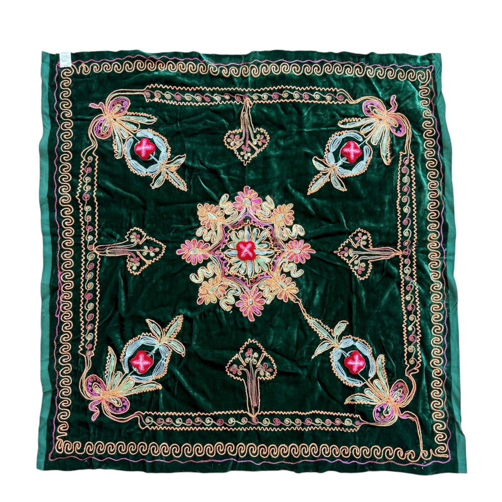 Vintage Afghan Silk Embroidered Green Silk Velvet Fabric Handmade 34x34